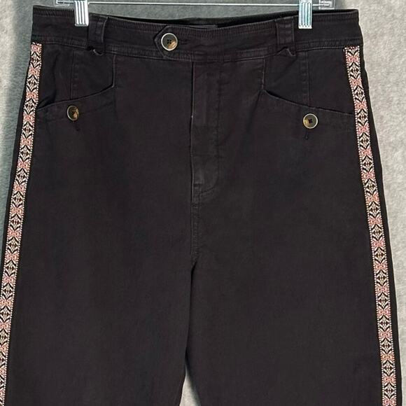 Anthropologie Sz 10 Embroidered Side Stripe Black Straight Leg Pants Aztek Boho - Picture 10 of 14